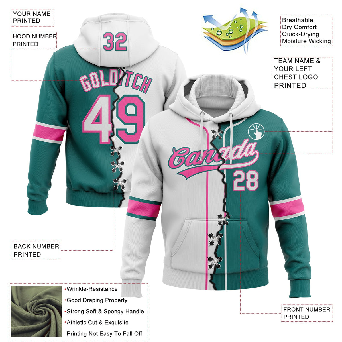 Custom Teal White-Pink Split Ripped Pattern Baseball Pullover Sweatshirt Hoodie
