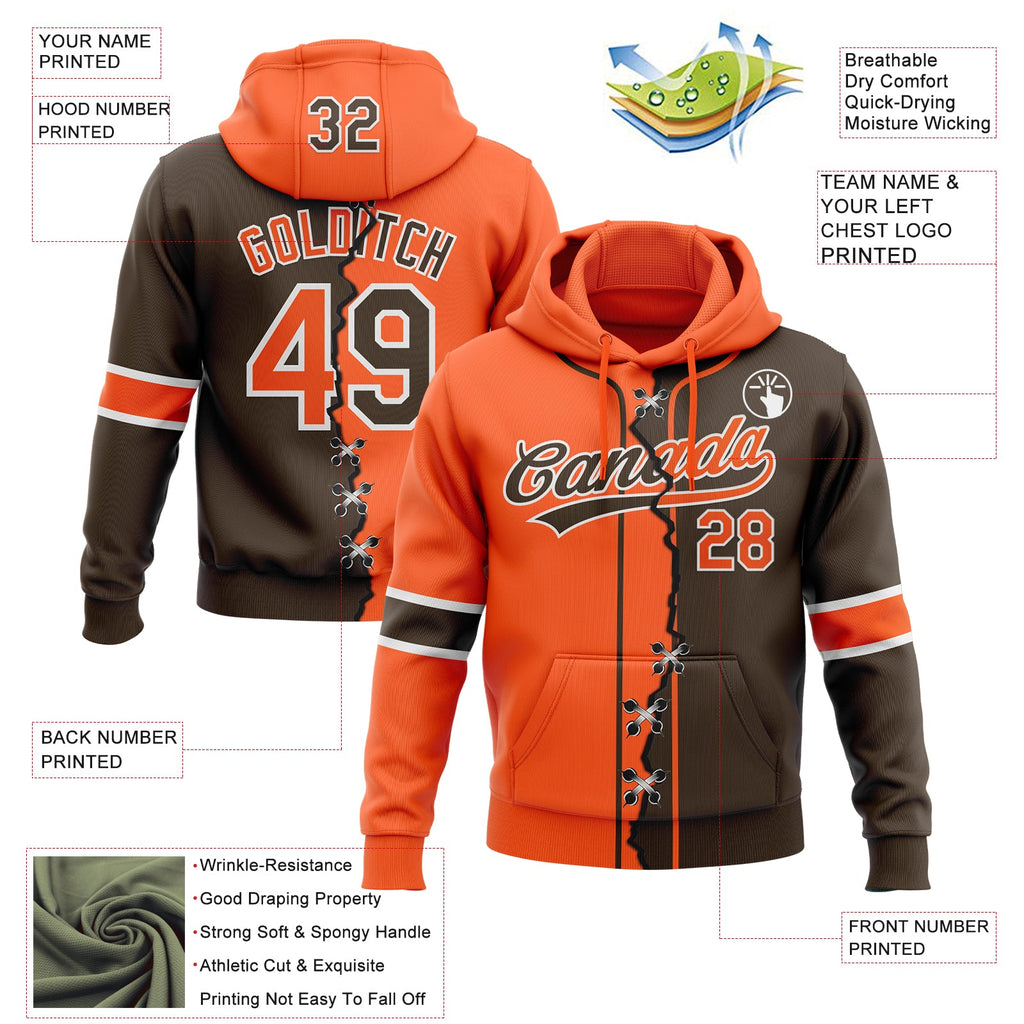 Custom Brown Orange-White Split Ripped Pattern Baseball Pullover Sweatshirt Hoodie