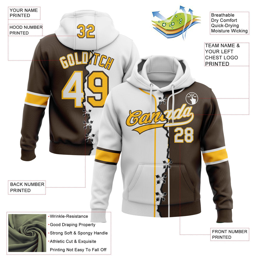 Custom Brown White-Gold Split Ripped Pattern Baseball Pullover Sweatshirt Hoodie