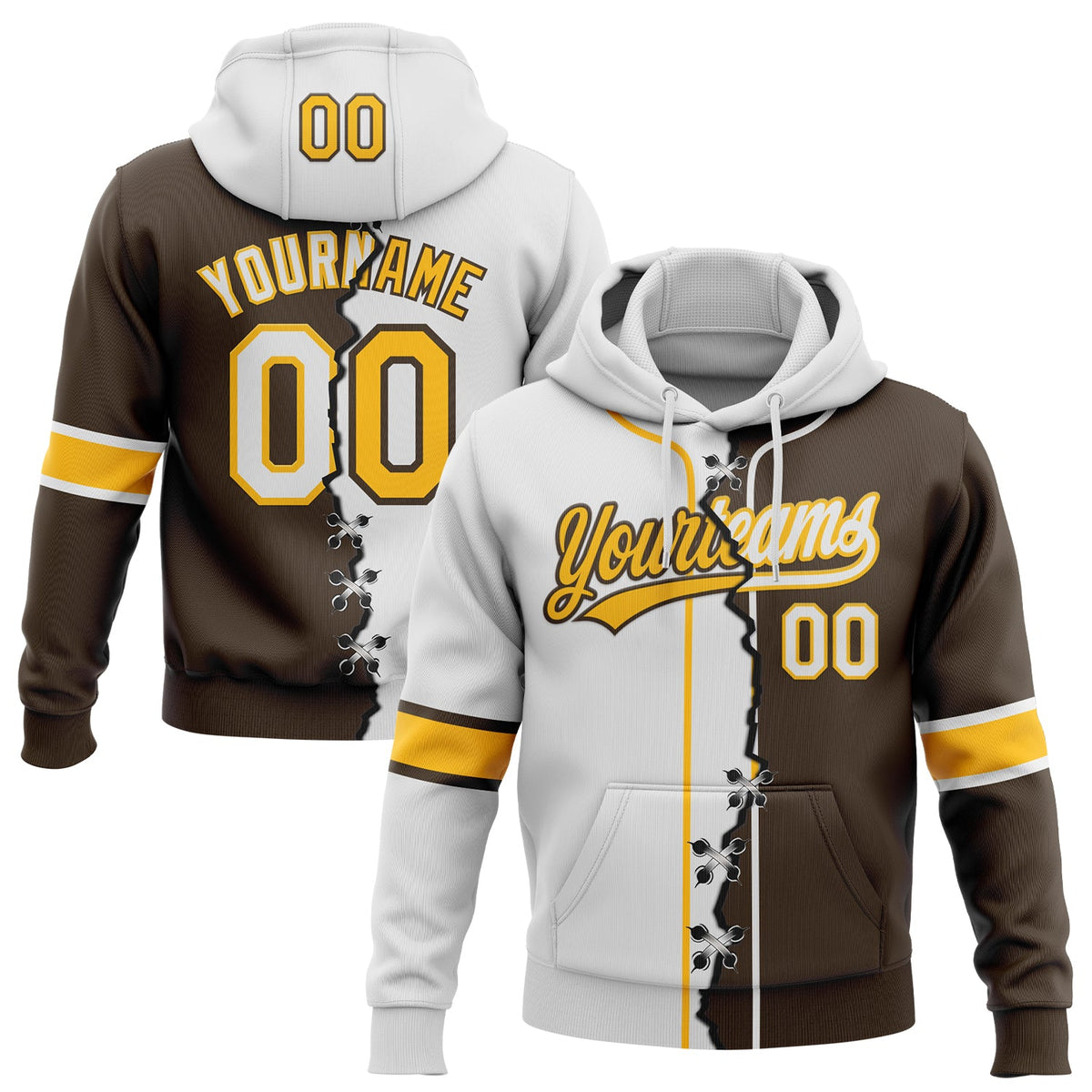 Custom Brown White-Gold Split Ripped Pattern Baseball Pullover Sweatshirt Hoodie