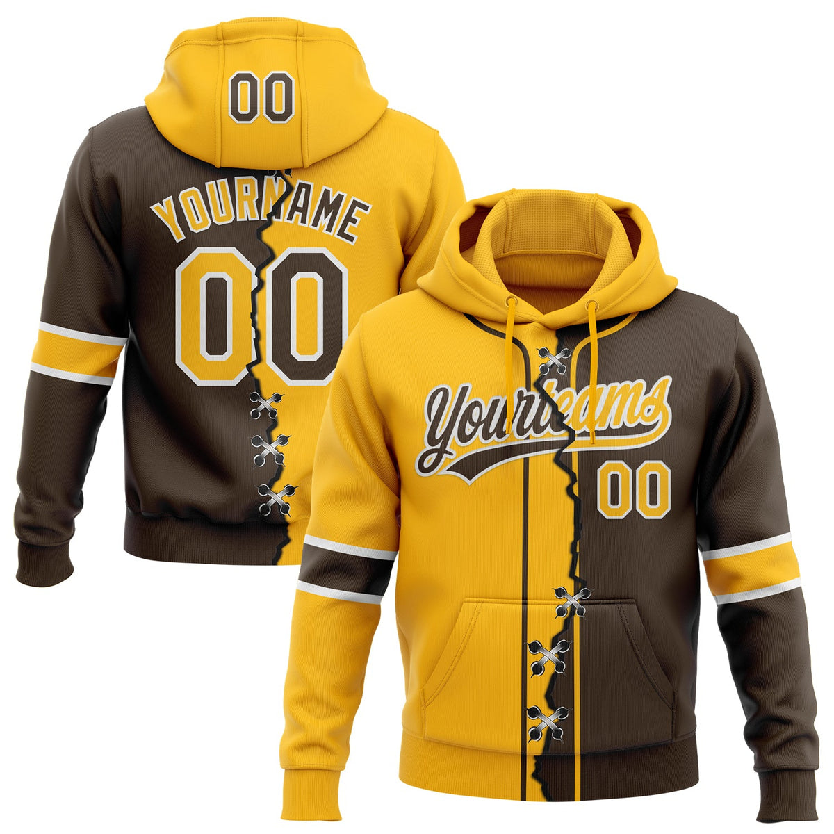 Custom Brown Gold-White Split Ripped Pattern Baseball Pullover Sweatshirt Hoodie