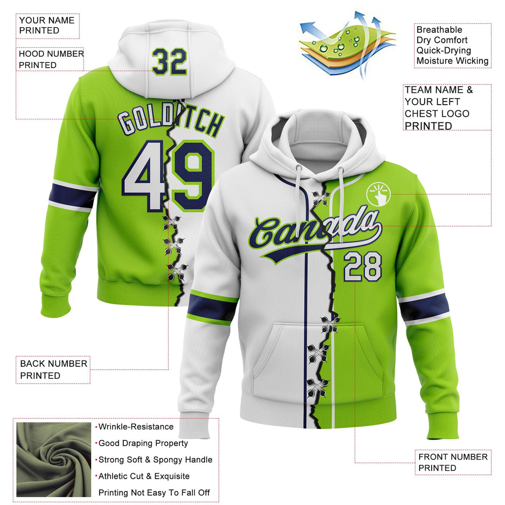 Custom Neon Green White-Navy Split Ripped Pattern Baseball Pullover Sweatshirt Hoodie