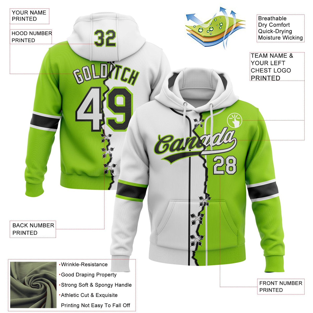 Custom Neon Green White-Black Split Ripped Pattern Baseball Pullover Sweatshirt Hoodie