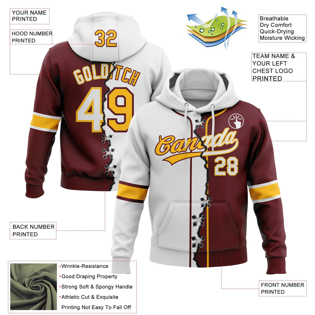 Custom Burgundy White-Gold Split Ripped Pattern Baseball Pullover Sweatshirt Hoodie