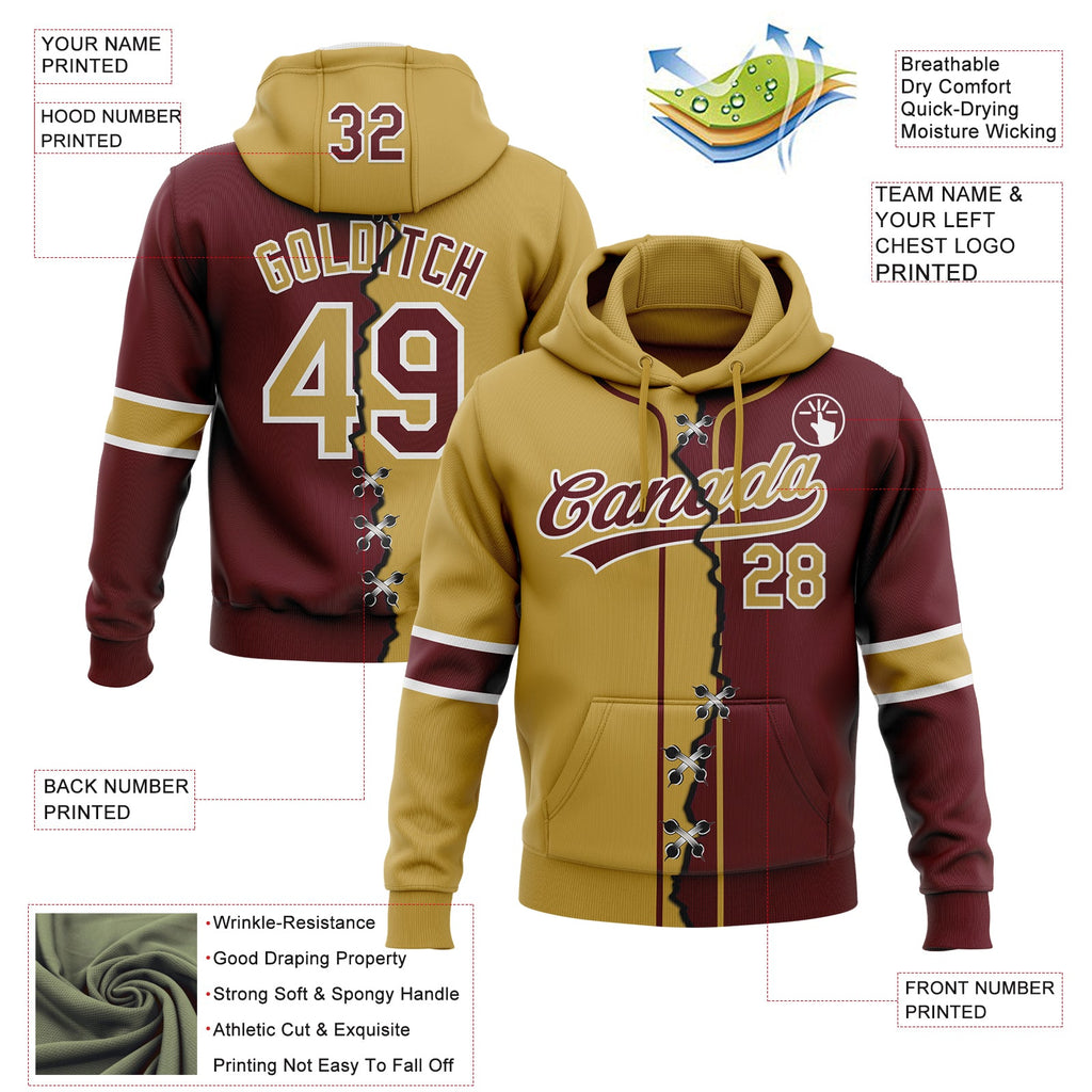 Custom Burgundy Old Gold-White Split Ripped Pattern Baseball Pullover Sweatshirt Hoodie