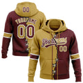 Custom Burgundy Old Gold-White Split Ripped Pattern Baseball Pullover Sweatshirt Hoodie