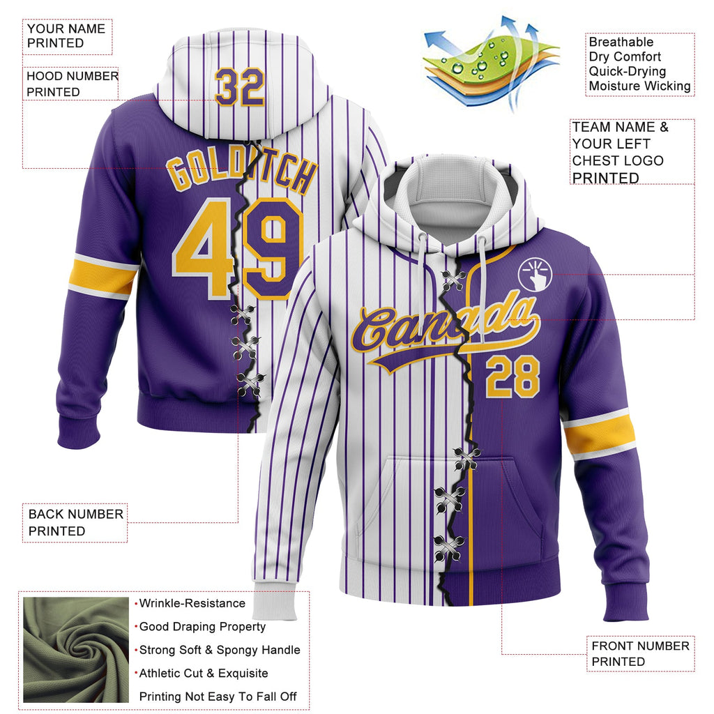 Custom White Purple Pinstripe-Gold Split Ripped Pattern Baseball Pullover Sweatshirt Hoodie