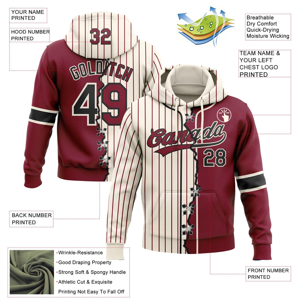Custom Cream Crimson Pinstripe-Black Split Ripped Pattern Baseball Pullover Sweatshirt Hoodie