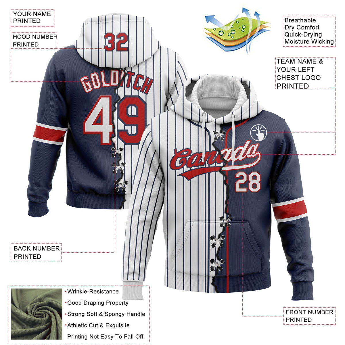 Custom White Navy Pinstripe-Red Split Ripped Pattern Baseball Pullover Sweatshirt Hoodie