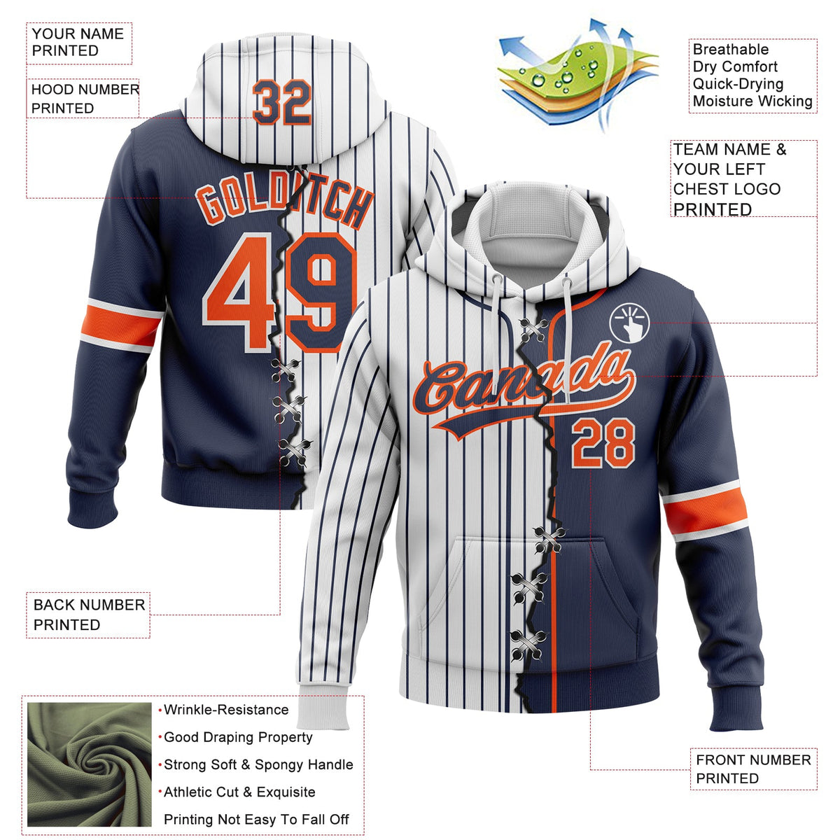 Custom White Navy Pinstripe-Orange Split Ripped Pattern Baseball Pullover Sweatshirt Hoodie