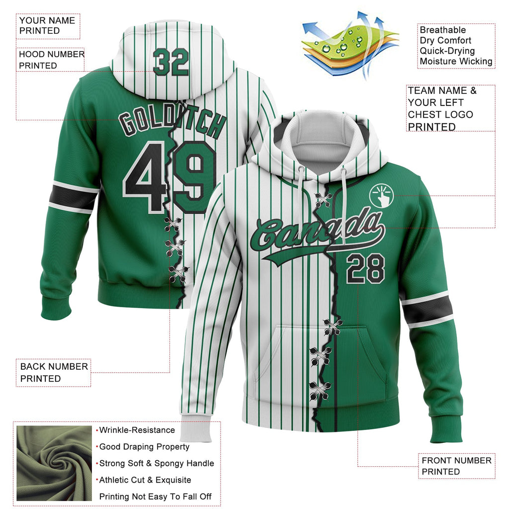 Custom White Kelly Green Pinstripe-Black Split Ripped Pattern Baseball Pullover Sweatshirt Hoodie