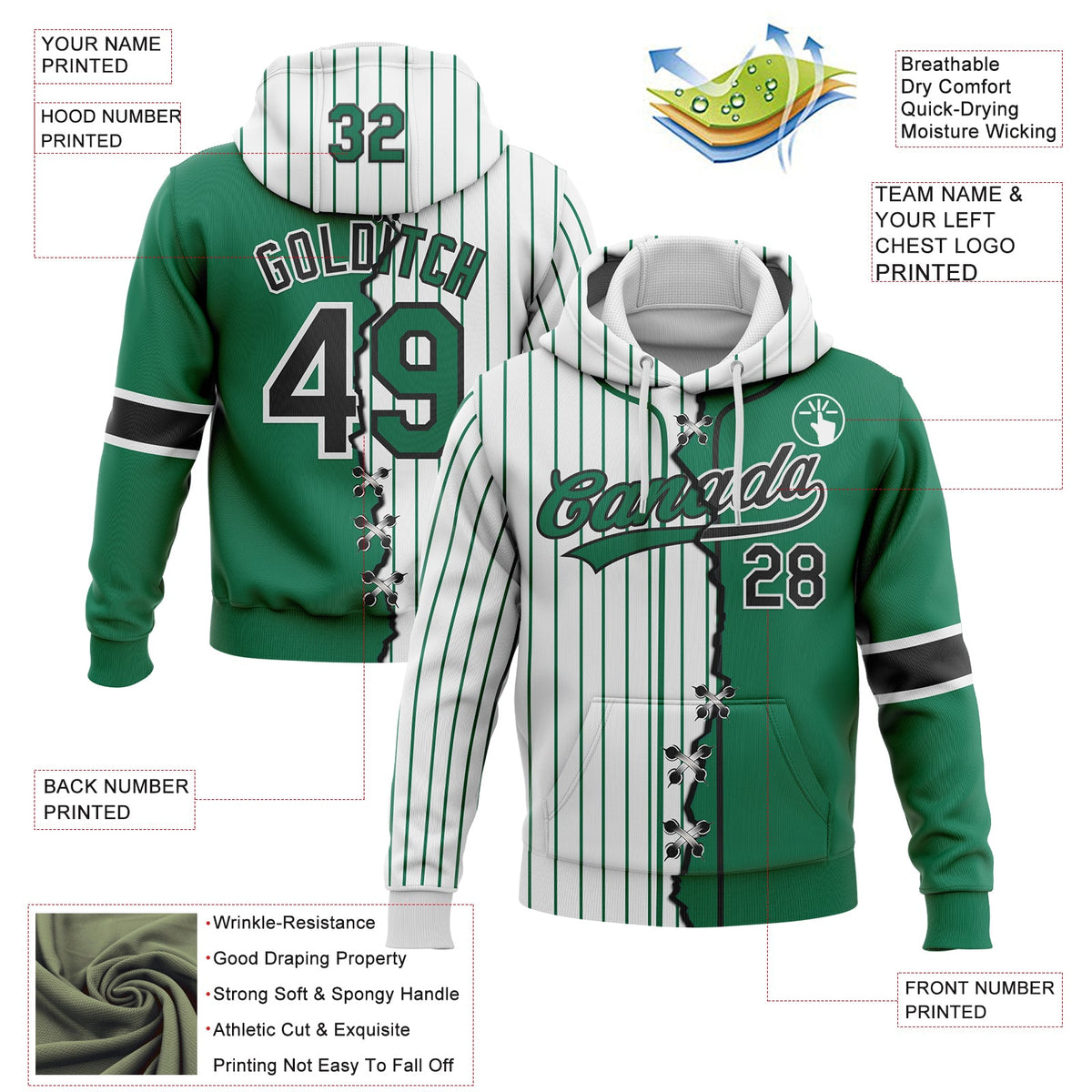 Custom White Kelly Green Pinstripe-Black Split Ripped Pattern Baseball Pullover Sweatshirt Hoodie