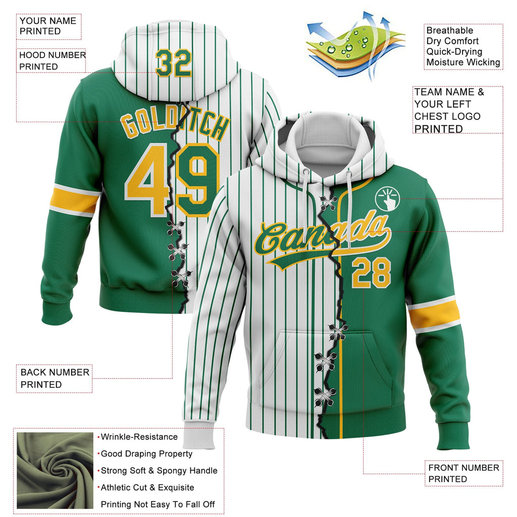 Custom White Kelly Green Pinstripe-Gold Split Ripped Pattern Baseball Pullover Sweatshirt Hoodie