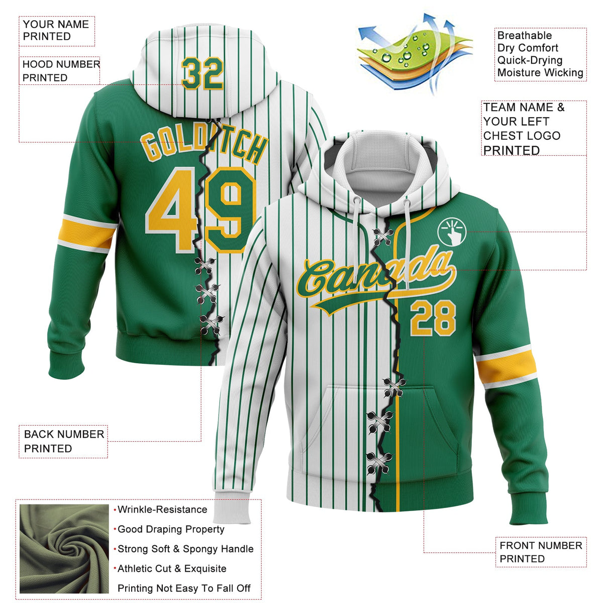 Custom White Kelly Green Pinstripe-Gold Split Ripped Pattern Baseball Pullover Sweatshirt Hoodie
