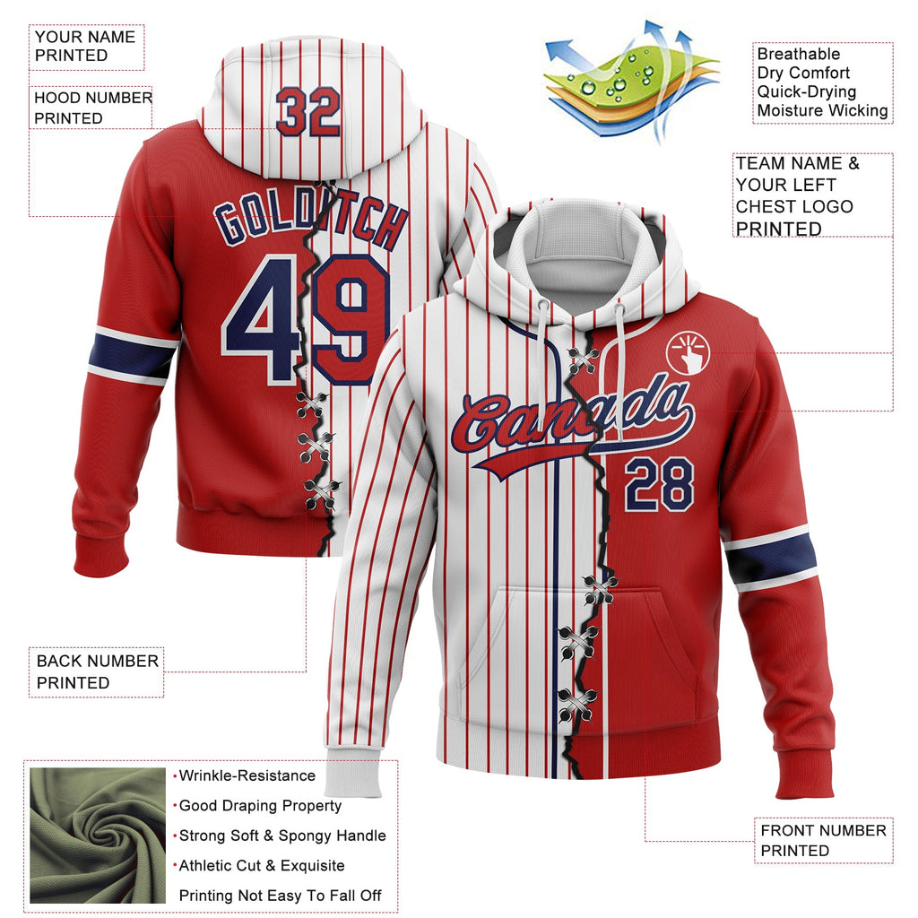 Custom White Red Pinstripe-Navy Split Ripped Pattern Baseball Pullover Sweatshirt Hoodie