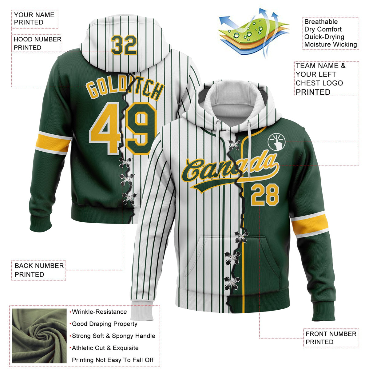 Custom White Green Pinstripe-Gold Split Ripped Pattern Baseball Pullover Sweatshirt Hoodie