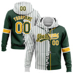 Custom White Green Pinstripe-Gold Split Ripped Pattern Baseball Pullover Sweatshirt Hoodie