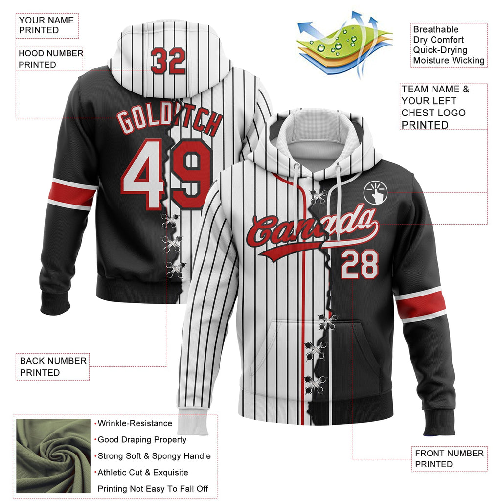 Custom White Black Pinstripe-Red Split Ripped Pattern Baseball Pullover Sweatshirt Hoodie