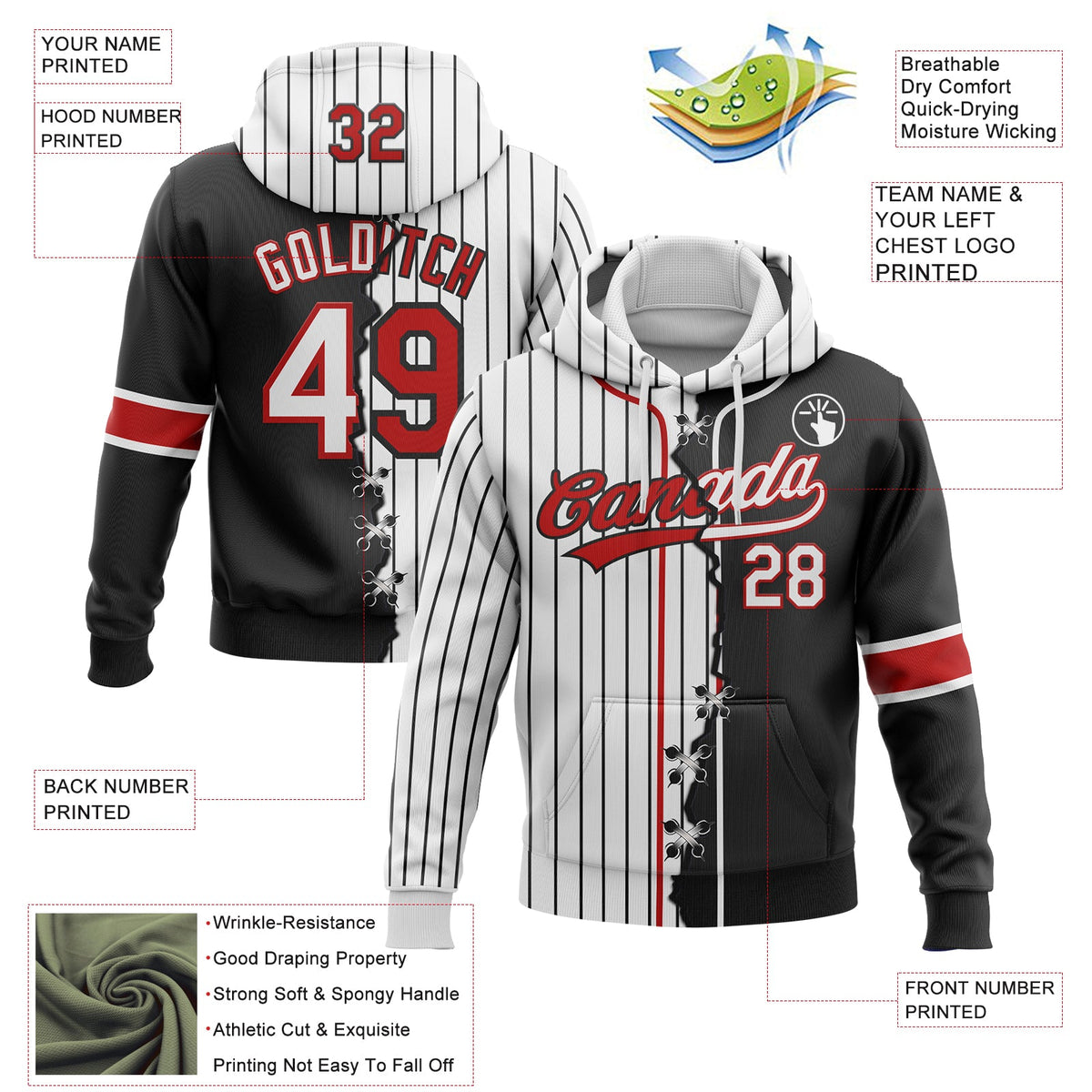 Custom White Black Pinstripe-Red Split Ripped Pattern Baseball Pullover Sweatshirt Hoodie