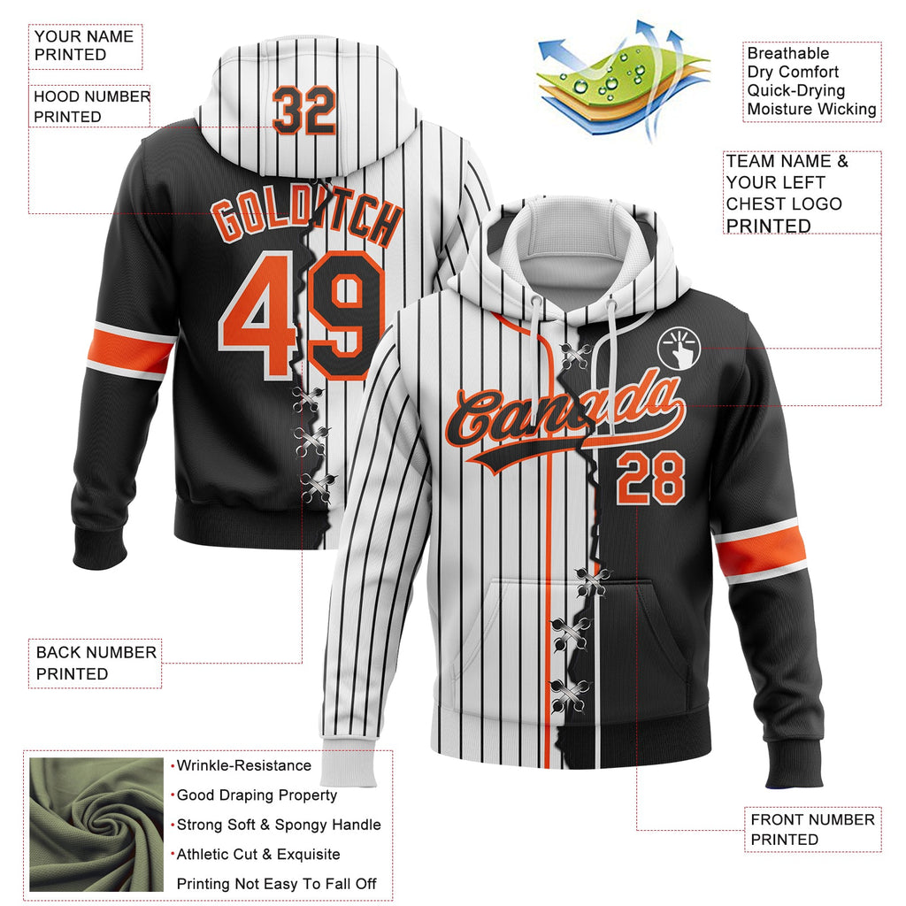 Custom White Black Pinstripe-Orange Split Ripped Pattern Baseball Pullover Sweatshirt Hoodie