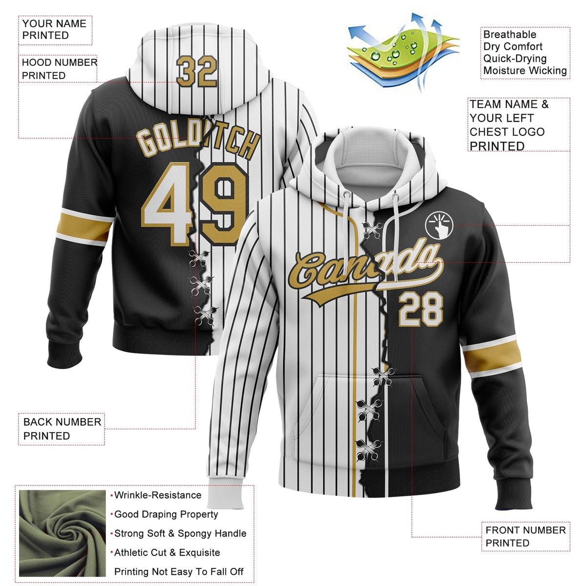 Custom White Black Pinstripe-Old Gold Split Ripped Pattern Baseball Pullover Sweatshirt Hoodie