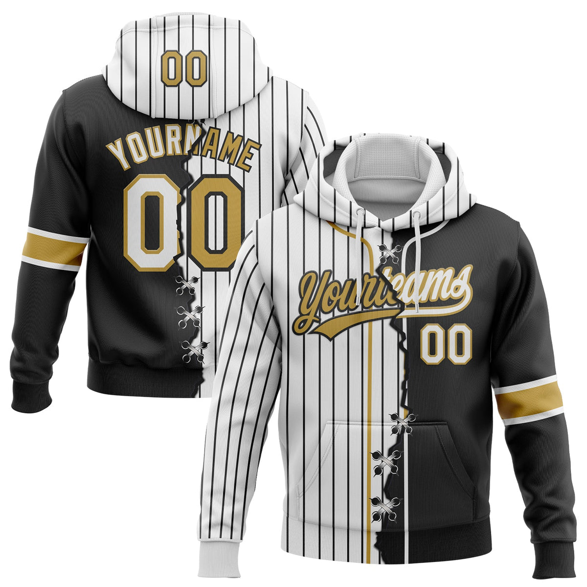 Custom White Black Pinstripe-Old Gold Split Ripped Pattern Baseball Pullover Sweatshirt Hoodie