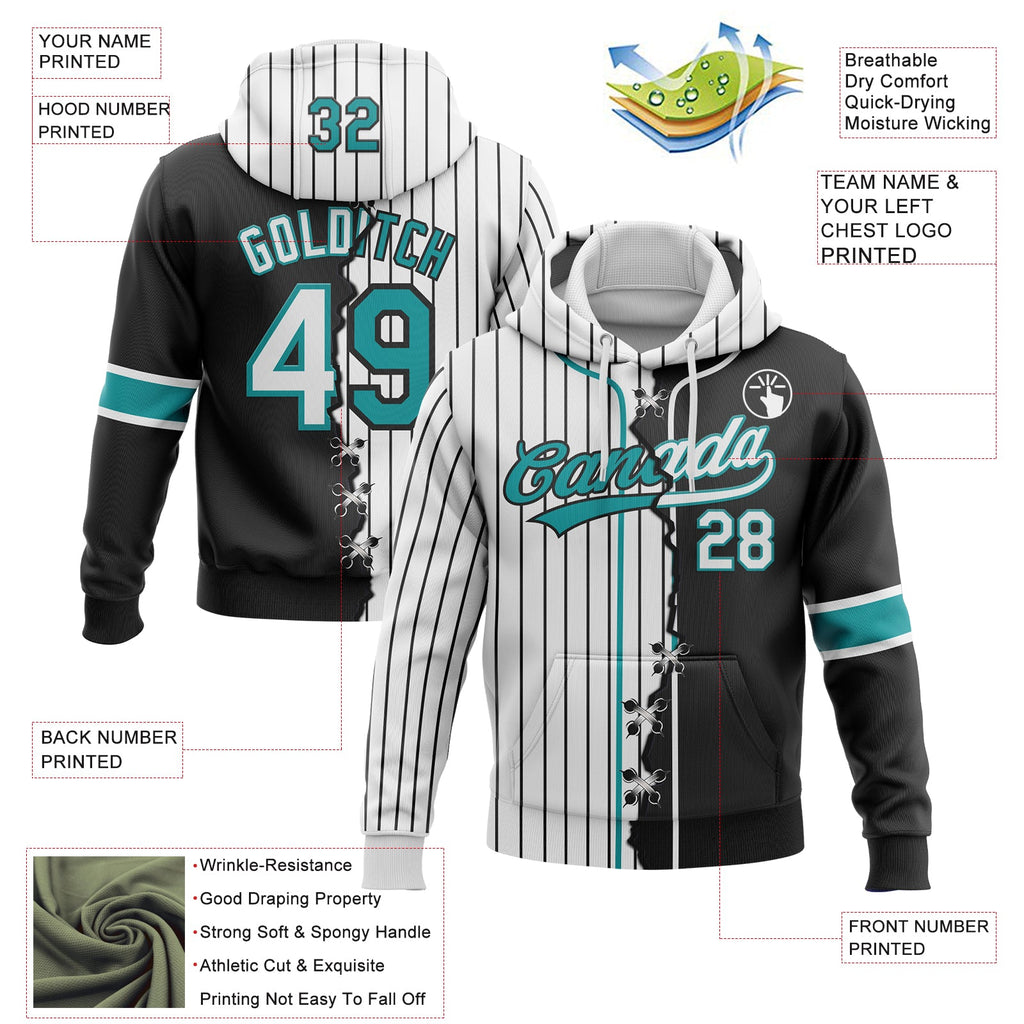 Custom White Black Pinstripe-Teal Split Ripped Pattern Baseball Pullover Sweatshirt Hoodie