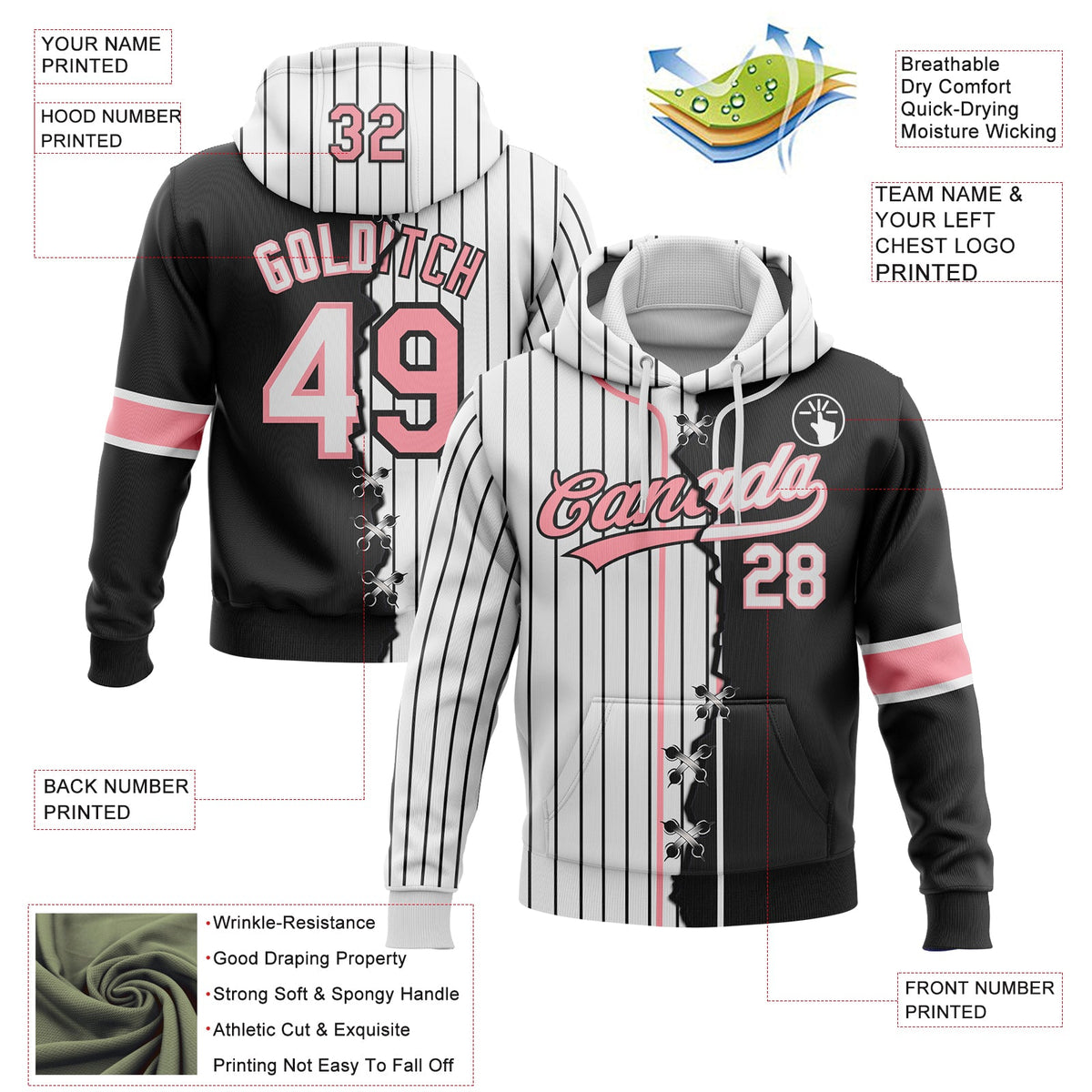 Custom White Black Pinstripe-Medium Pink Split Ripped Pattern Baseball Pullover Sweatshirt Hoodie