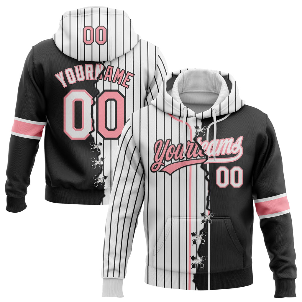 Custom White Black Pinstripe-Medium Pink Split Ripped Pattern Baseball Pullover Sweatshirt Hoodie
