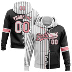 Custom White Black Pinstripe-Medium Pink Split Ripped Pattern Baseball Pullover Sweatshirt Hoodie