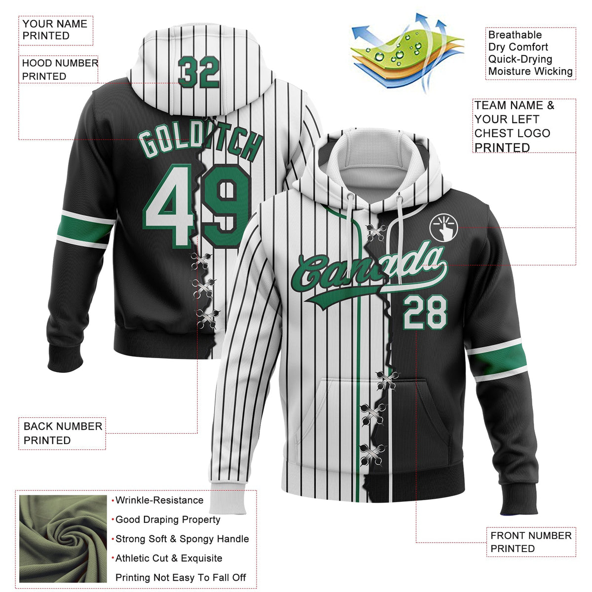 Custom White Black Pinstripe-Kelly Green Split Ripped Pattern Baseball Pullover Sweatshirt Hoodie
