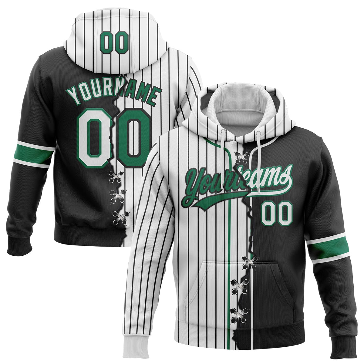 Custom White Black Pinstripe-Kelly Green Split Ripped Pattern Baseball Pullover Sweatshirt Hoodie