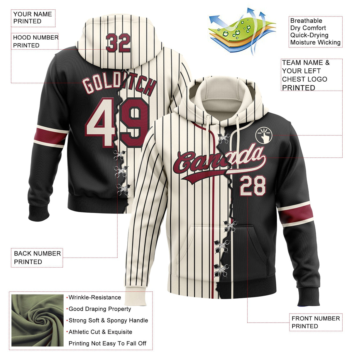 Custom Cream Black Pinstripe-Crimson Split Ripped Pattern Baseball Pullover Sweatshirt Hoodie