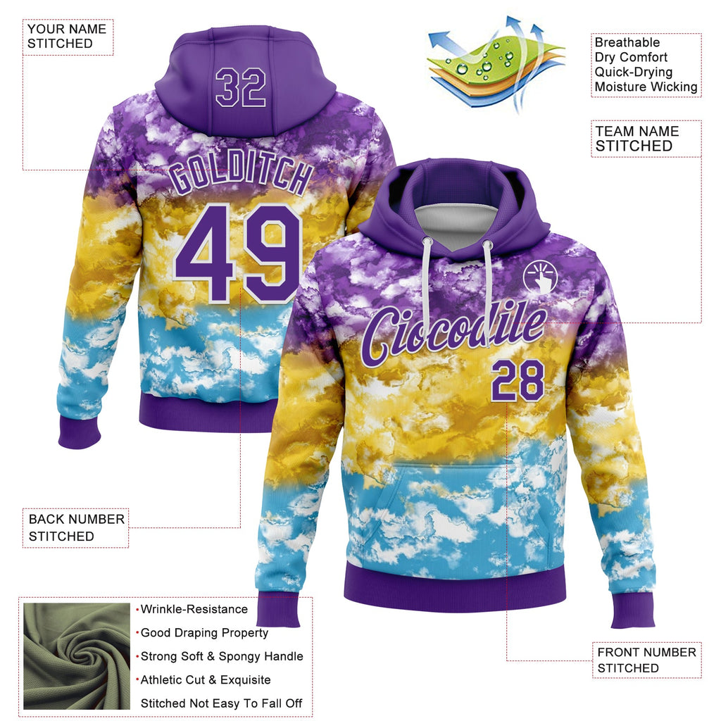 Custom Stitched Tie Dye Purple-White Watercolor Cloud Splash Pullover Sweatshirt Hoodie