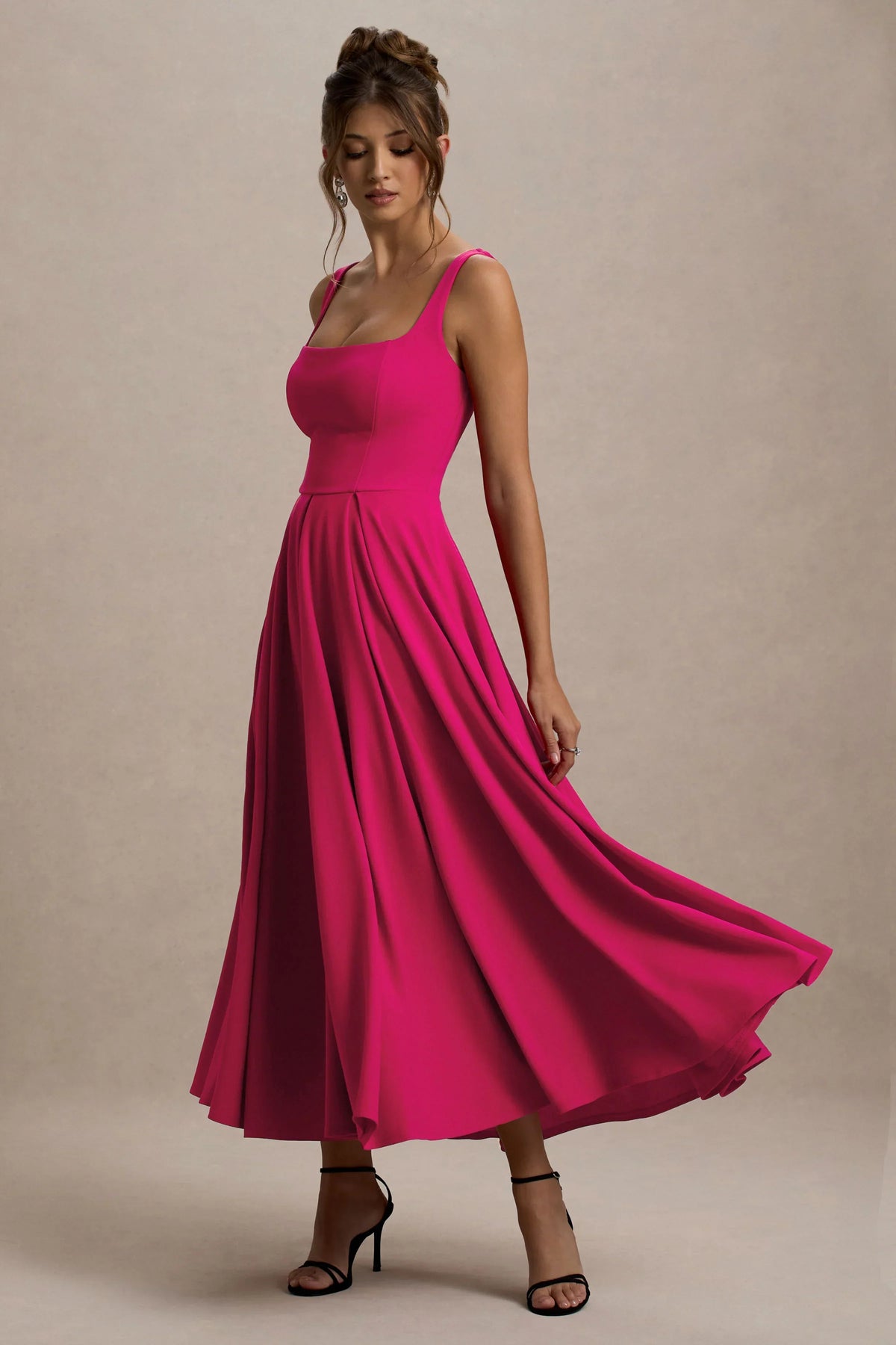 Parina | Hot Pink Strappy Volume-Hem Midi Dress