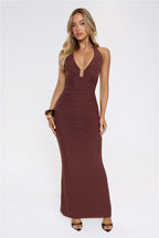 Sultry Ruched Halter Maxi Dress Chocolate
