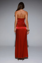 Statement Shine Strapless Satin Maxi Dress Red