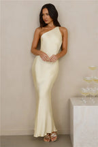 The Evangeline One Shoulder Satin Maxi Dress Yellow