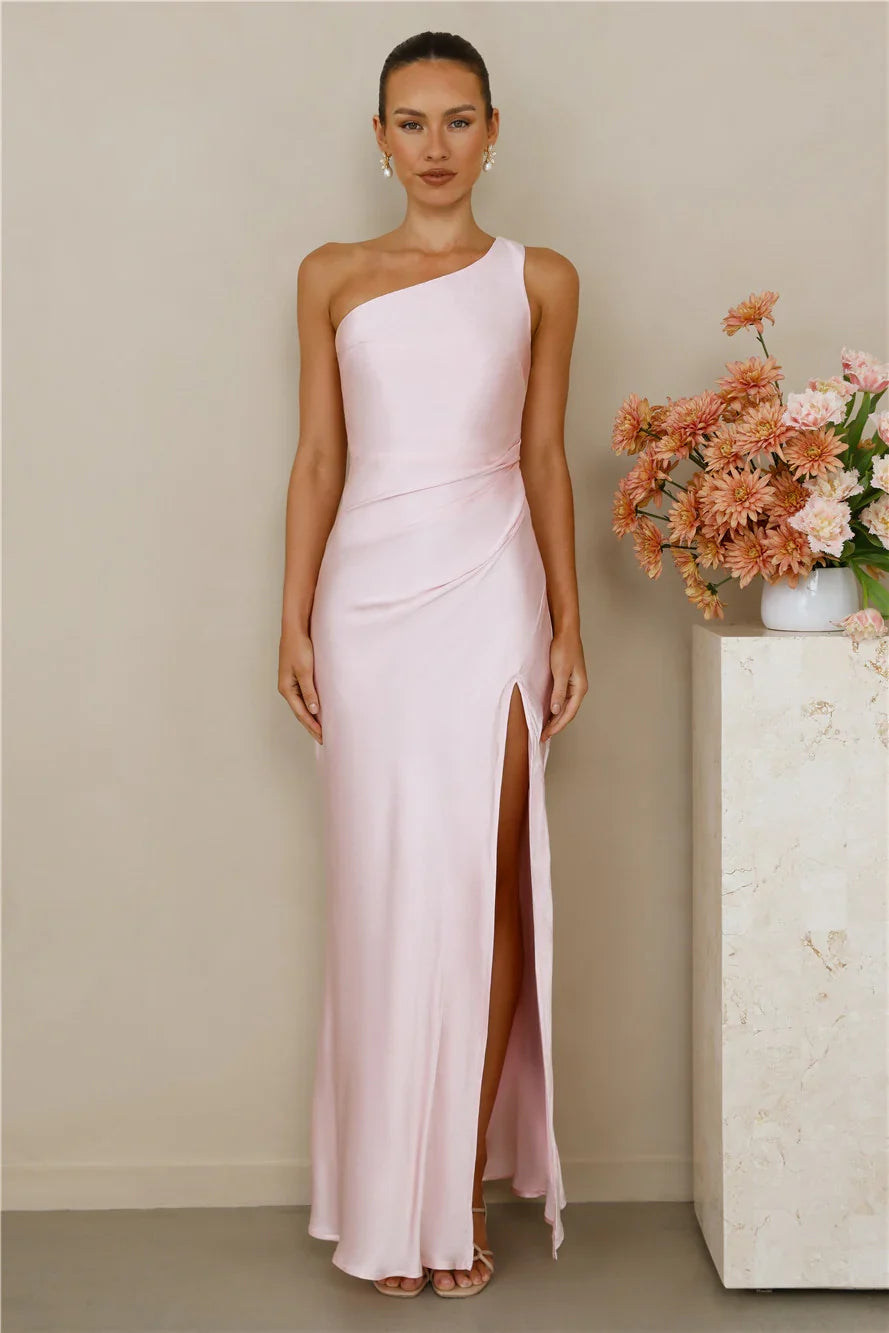 The Aurora One Shoulder Satin Maxi Dress Pink