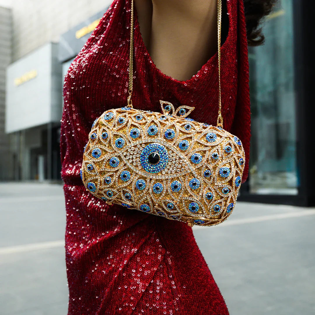 Vioraia Crystal Evil Eye Clutch Bag - Gold