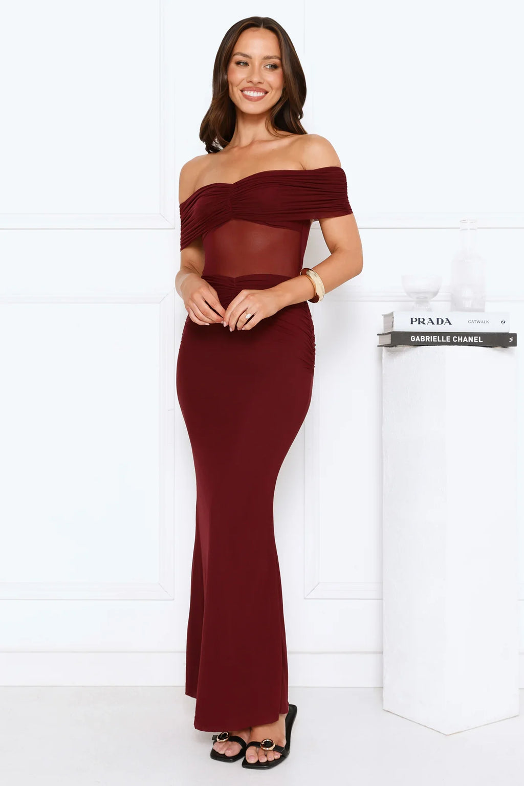 Swan Song Off Shoulder Mesh Maxi Dress Burgundy