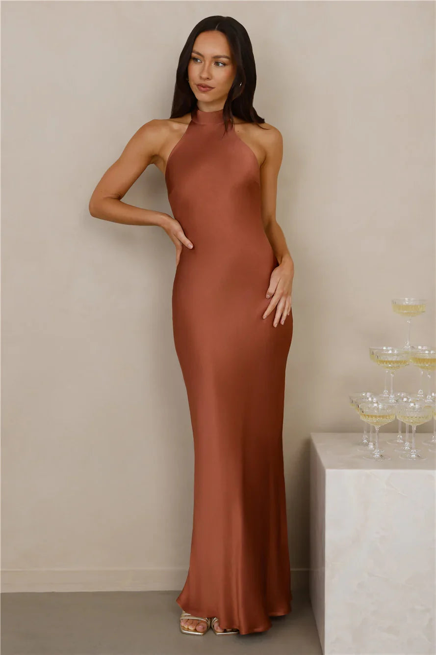 The Cleo Halter Satin Maxi Dress Copper