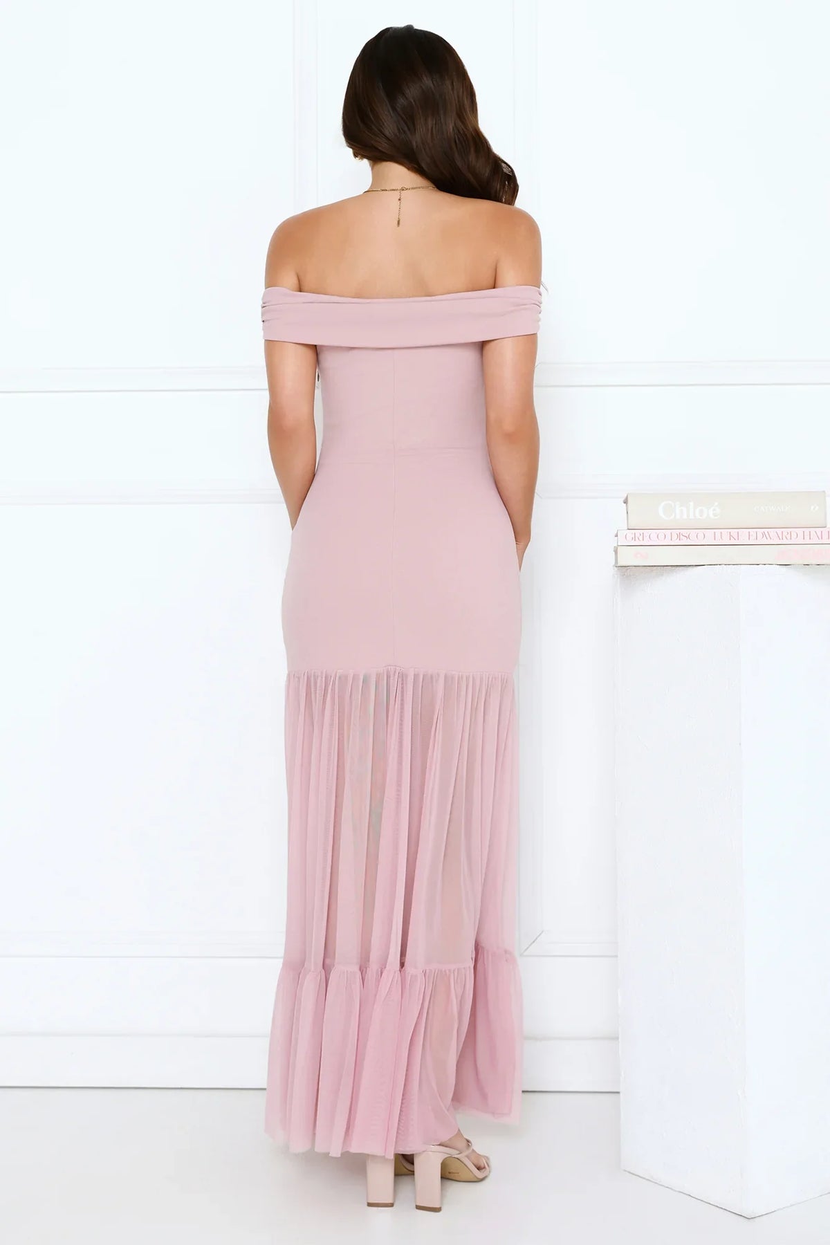 Starlit Aurora Off Shoulder Mesh Maxi Dress Pink