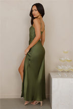The Violetta Satin Maxi Dress Olive