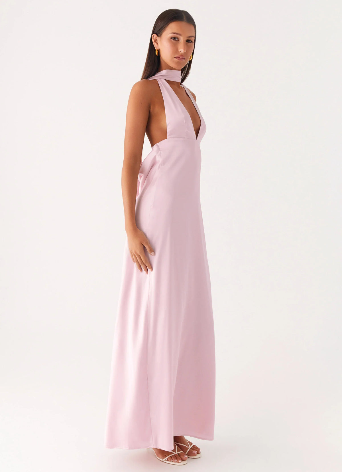 Alicia Satin Halter Maxi Dress - Baby Pink