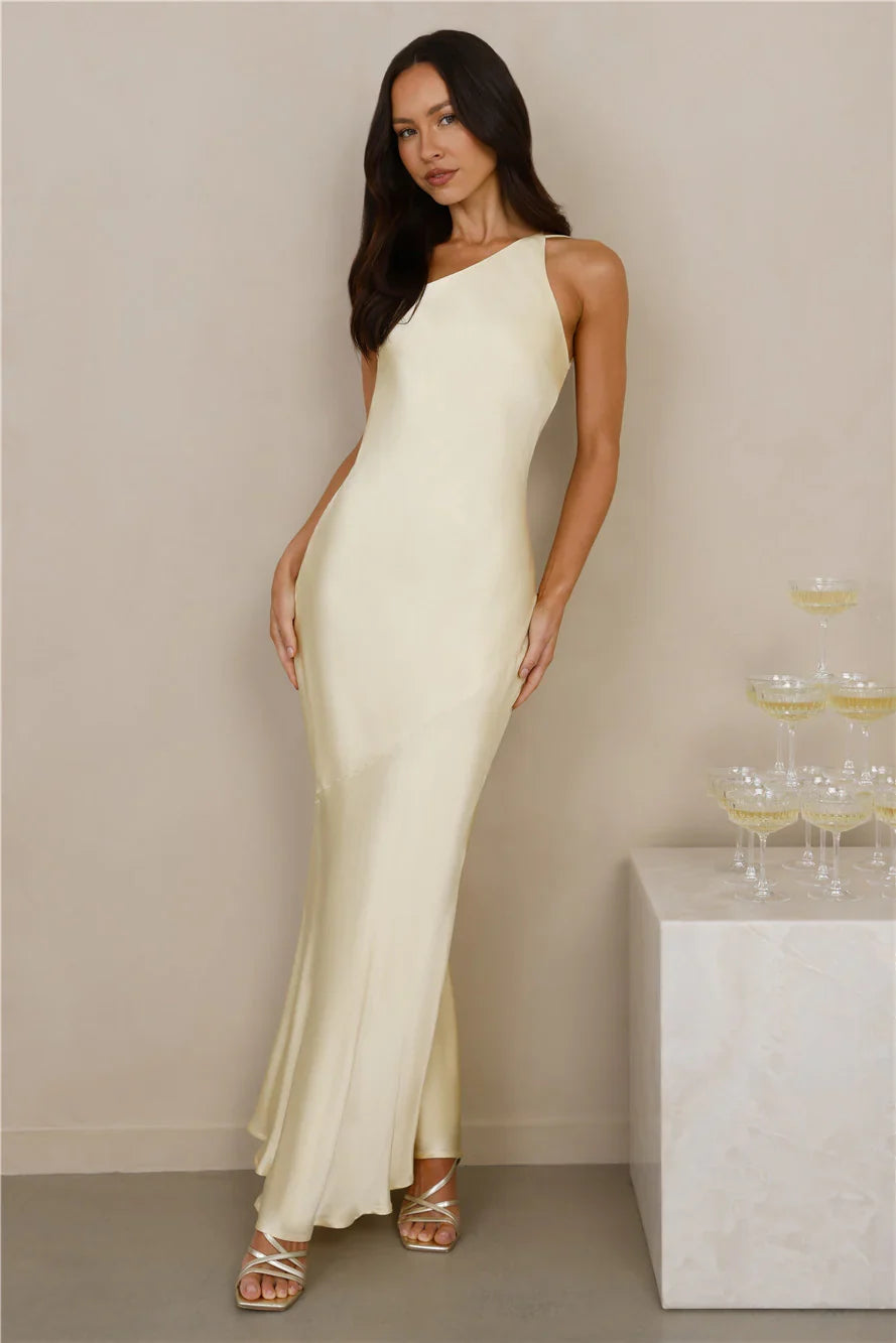 The Evangeline One Shoulder Satin Maxi Dress Yellow
