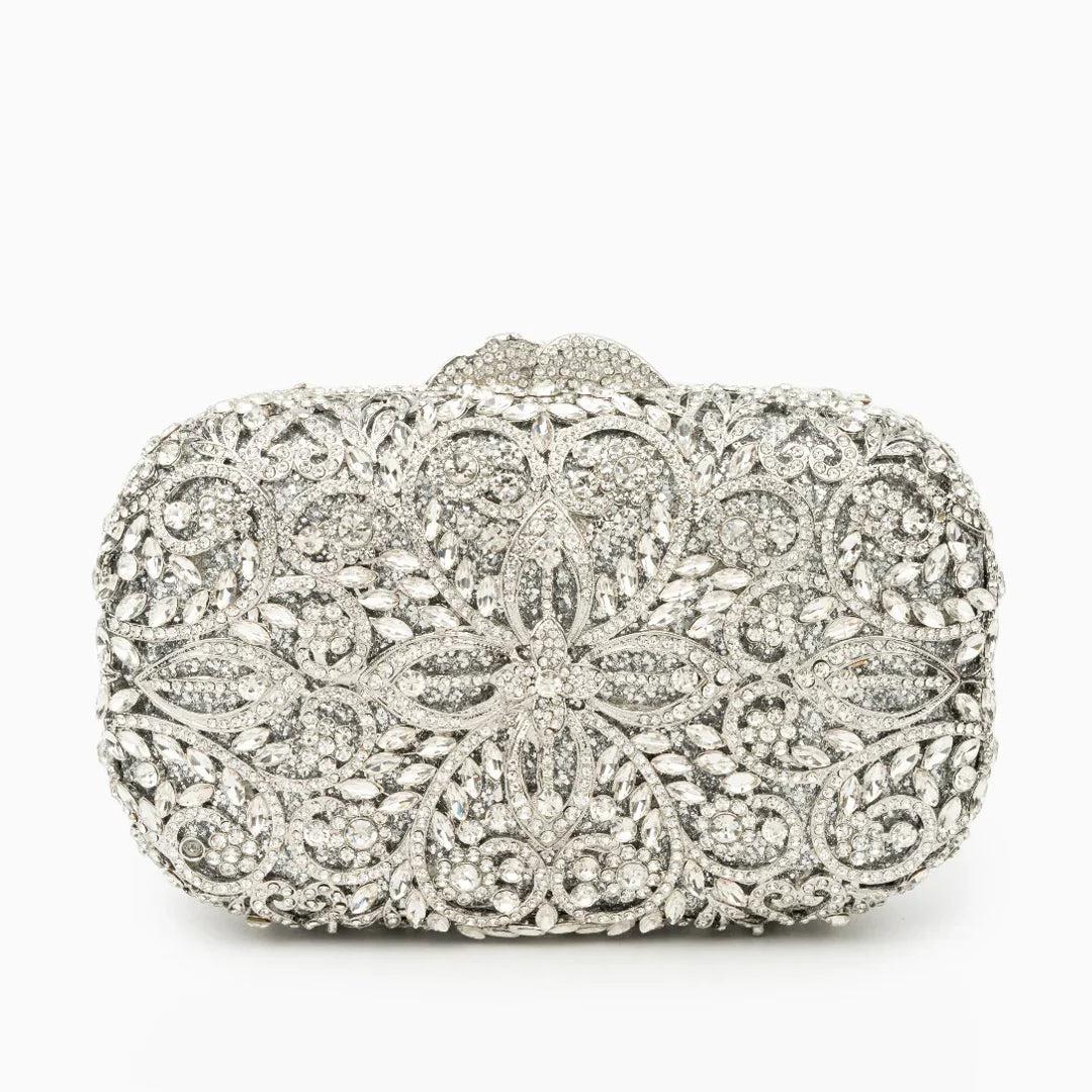 Vioraia Athena Flower Rhinestones Clutch Bag - Silver