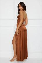 Sonnet Satin Halter Maxi Dress Chocolate