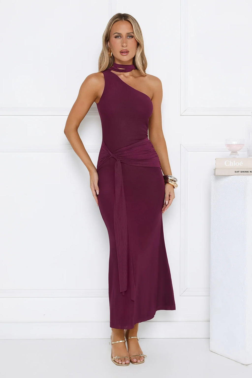 Aurora Elegance One Shoulder Mesh Maxi Dress Plum