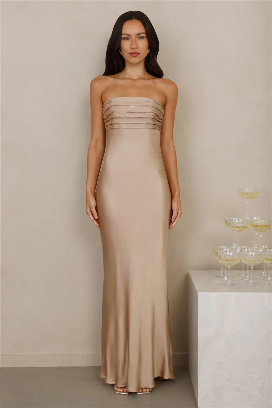 The Seraphina Strapless Satin Maxi Dress Champagne